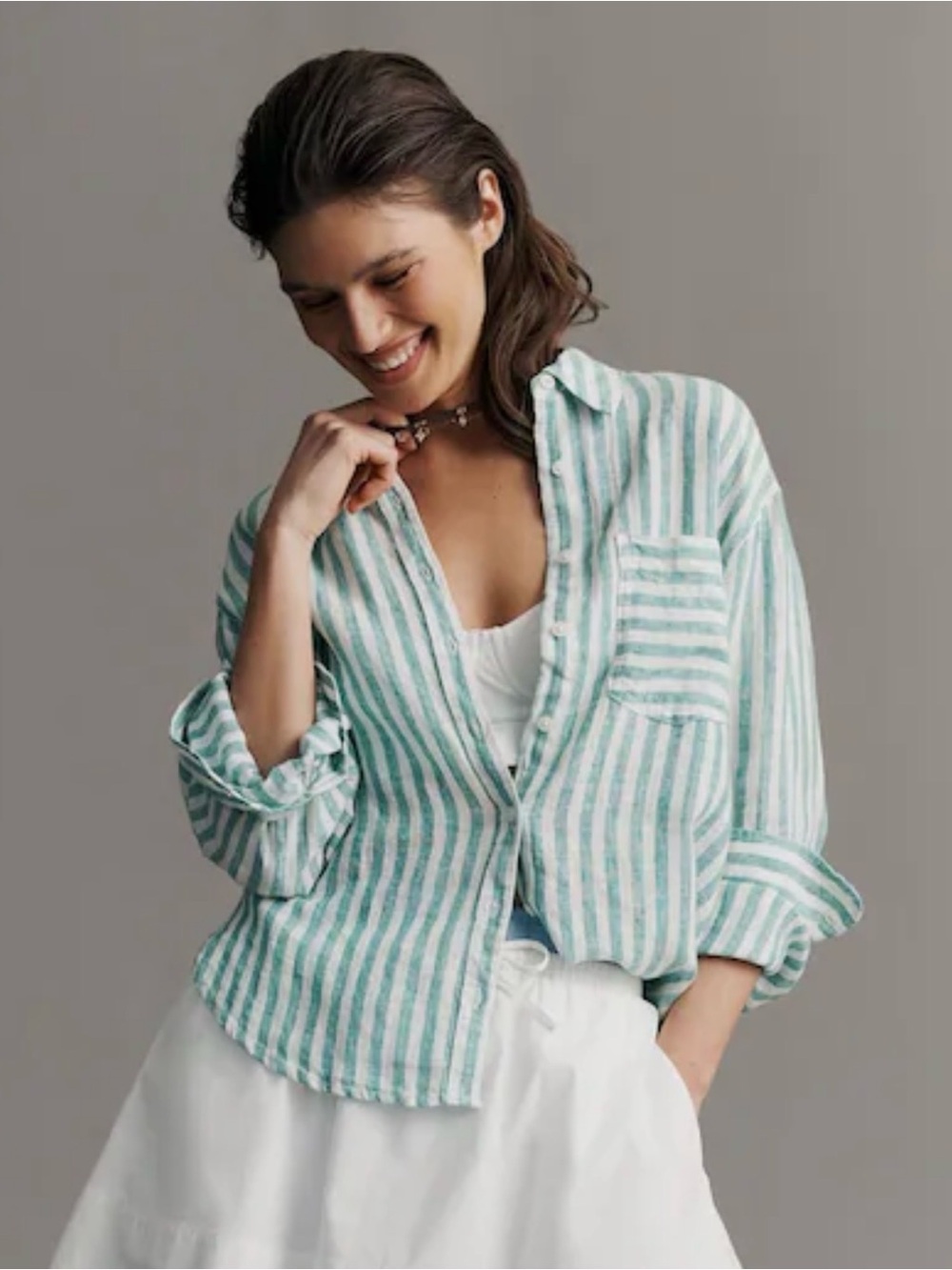 Anthropologie Maeve Shrunken Bennet Linen Buttondown Shirt Green Stripe Size M